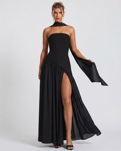Robe Maxi Aura Radiant – Bustier, Foulard et Fente Haute