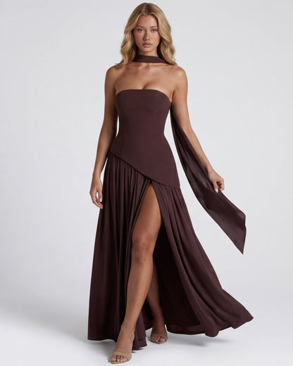 Robe Maxi Aura Radiant – Bustier, Foulard et Fente Haute