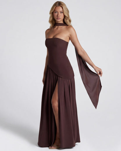 Robe Maxi Aura Radiant – Bustier, Foulard et Fente Haute
