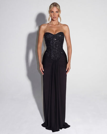 Robe Longue Midnight Aura – Bustier Brillant et Corset Structuré