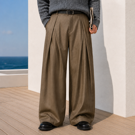Weite, plissierte Herrenhose mit hoher Taille und weichem Fall