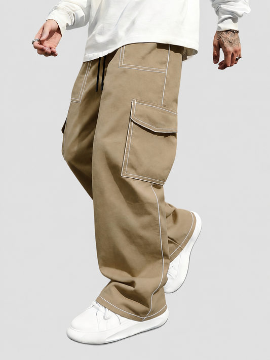 Pantalon cargo homme décontracté surpiqûres contrastées