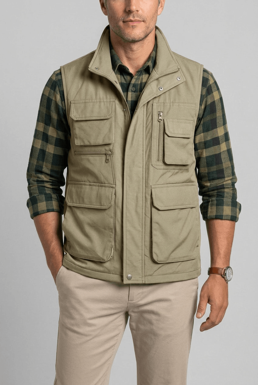 Gilet homme multipoches col montant pour superposition