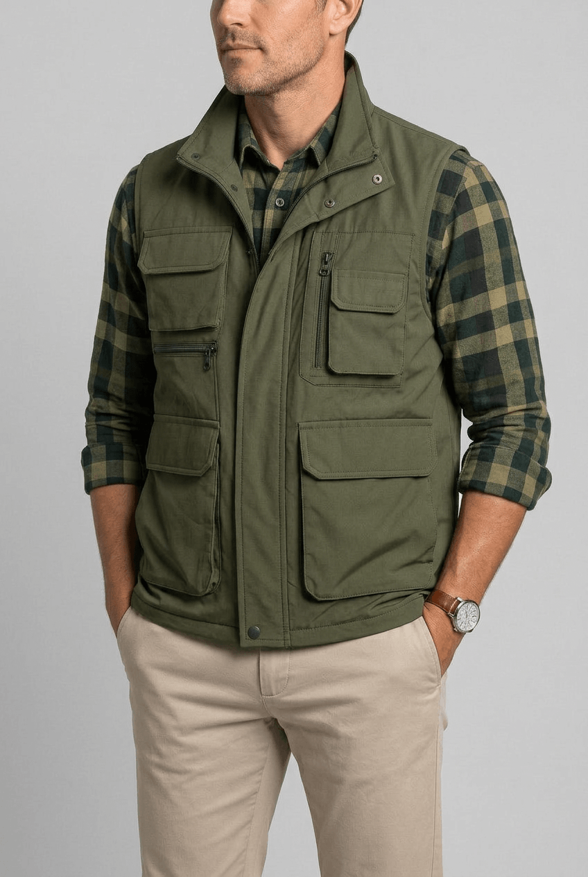 Gilet homme multipoches col montant pour superposition