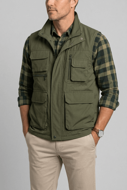 Gilet homme multipoches col montant pour superposition