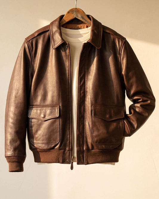 Blouson Homme Cuir Bomber Fermeture Éclair Poches Poitrine