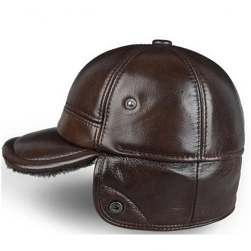 Bonnet aviateur cuir véritable doublure velours hiver