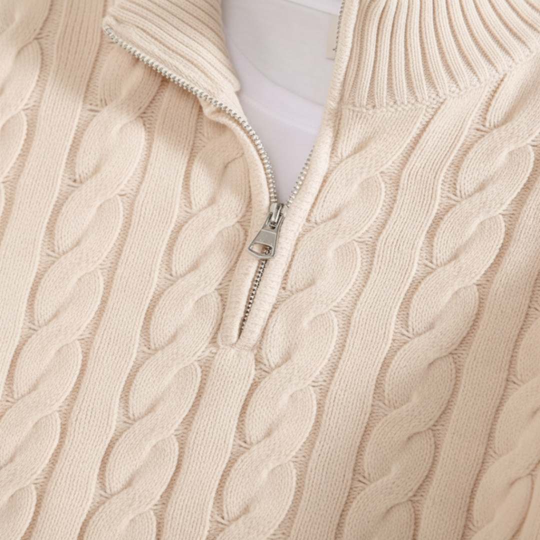 Herren-Zopfmusterpullover mit Stehkragen und halbem Reißverschluss