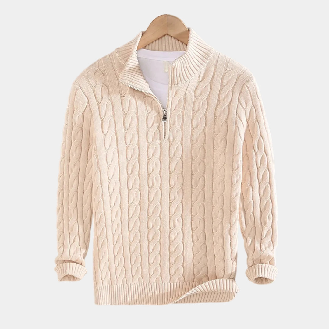 Herren-Zopfmusterpullover mit Stehkragen und halbem Reißverschluss