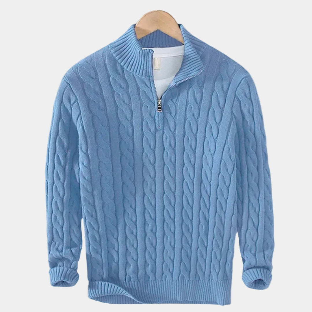 Herren-Zopfmusterpullover mit Stehkragen und halbem Reißverschluss