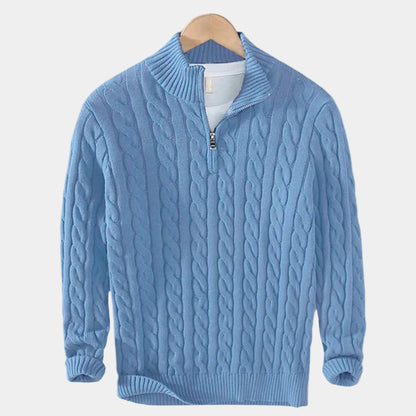 Herren-Zopfmusterpullover mit Stehkragen und halbem Reißverschluss