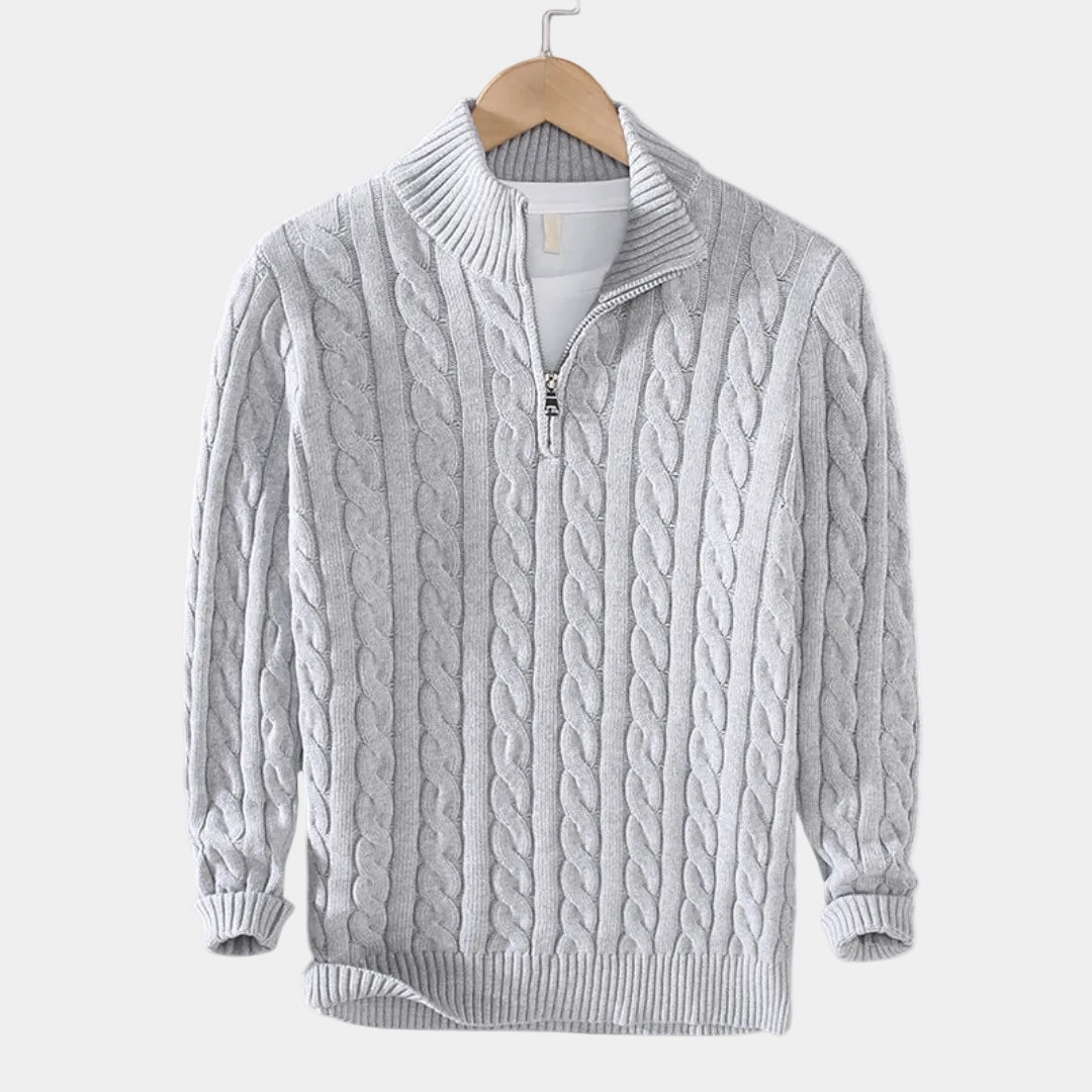 Herren-Zopfmusterpullover mit Stehkragen und halbem Reißverschluss
