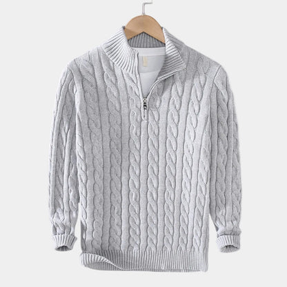 Herren-Zopfmusterpullover mit Stehkragen und halbem Reißverschluss