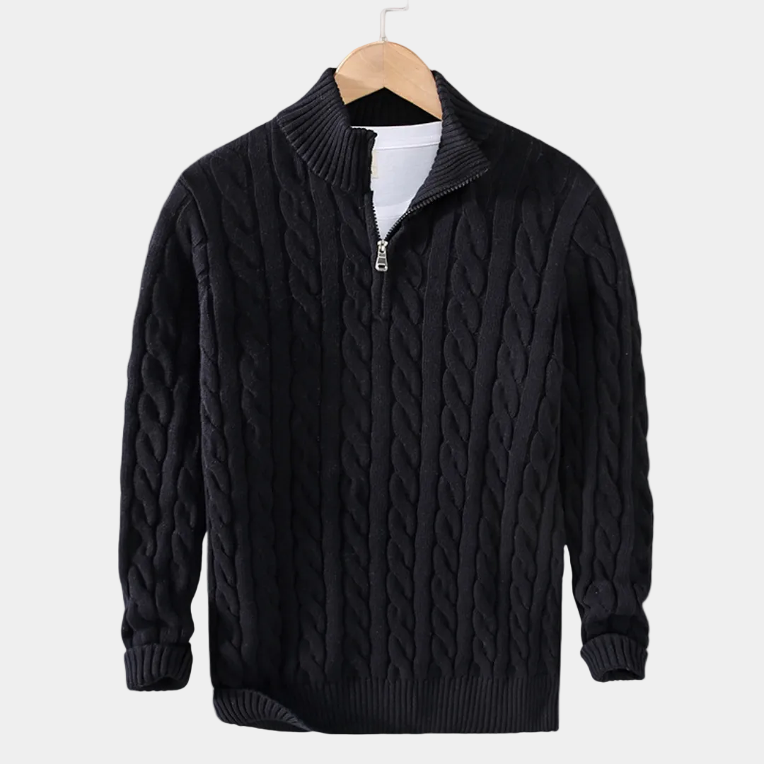 Herren-Zopfmusterpullover mit Stehkragen und halbem Reißverschluss