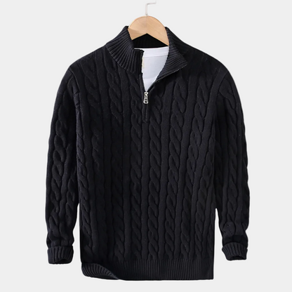 Herren-Zopfmusterpullover mit Stehkragen und halbem Reißverschluss