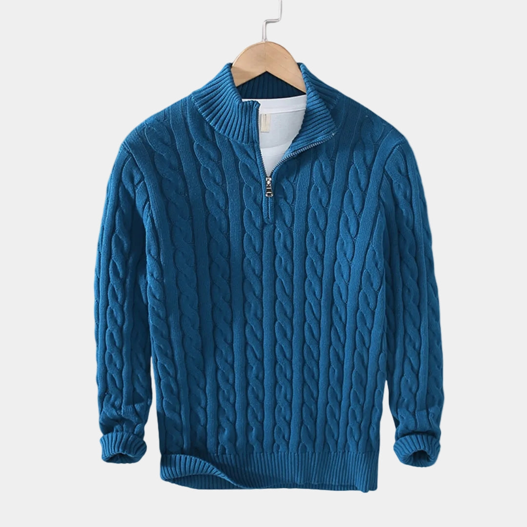 Herren-Zopfmusterpullover mit Stehkragen und halbem Reißverschluss