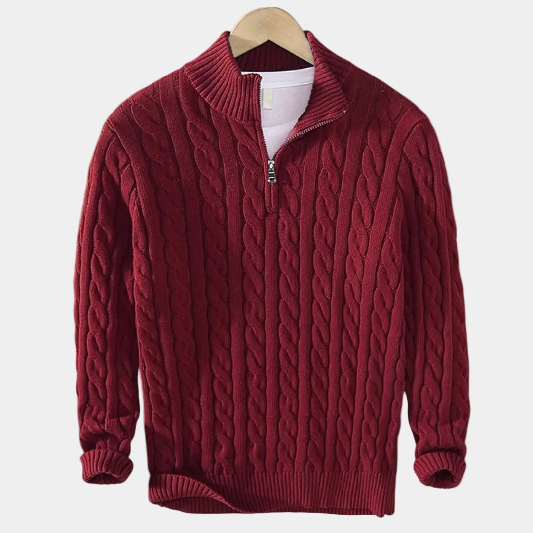 Herren-Zopfmusterpullover mit Stehkragen und halbem Reißverschluss