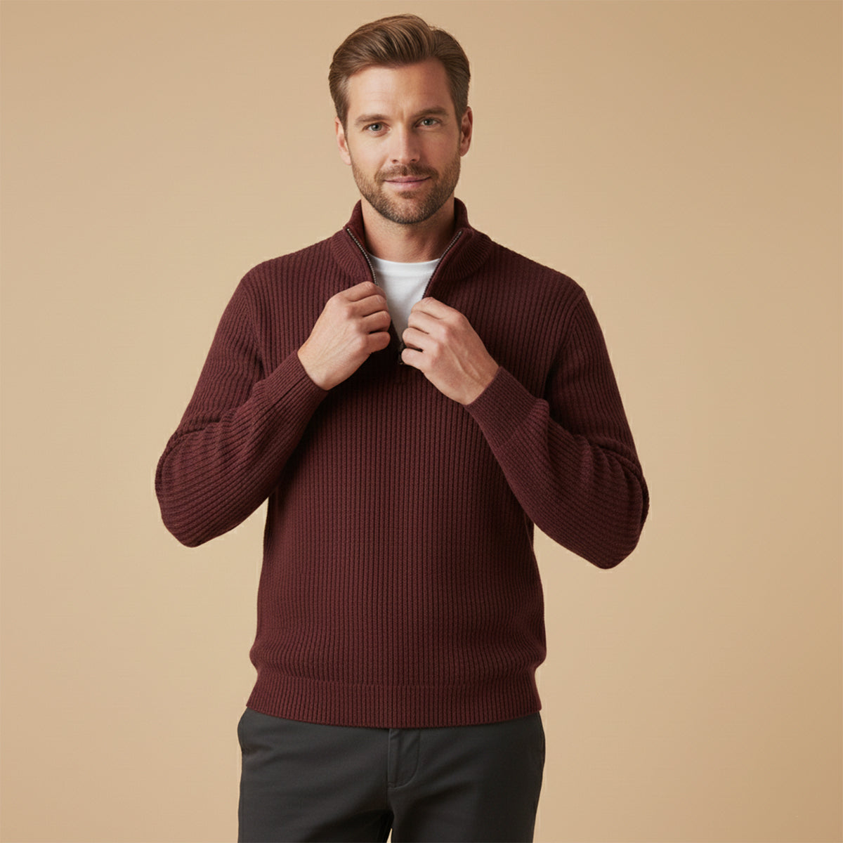 Weicher und raffinierter Herren-Kaschmirpullover mit halbem Reißverschluss