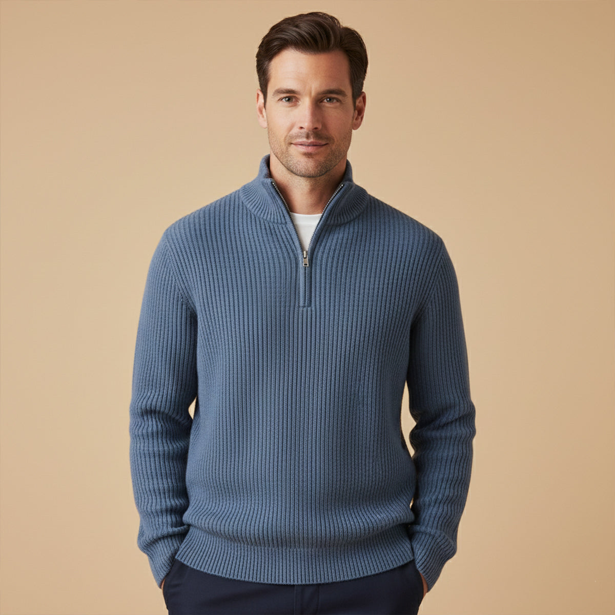 Weicher und raffinierter Herren-Kaschmirpullover mit halbem Reißverschluss