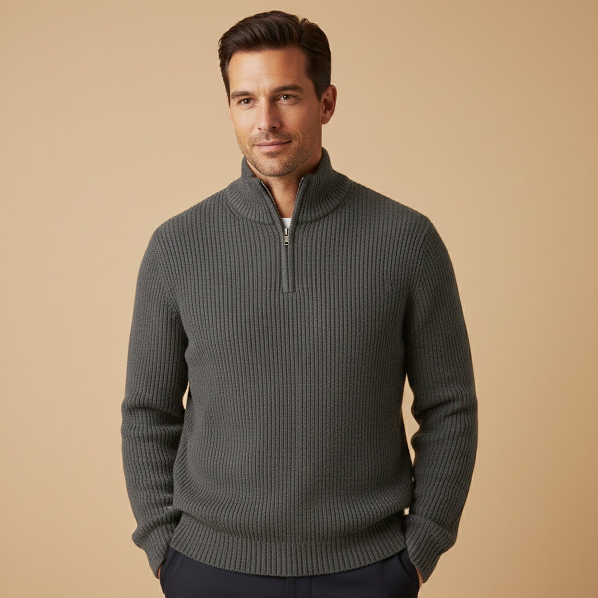 Weicher und raffinierter Herren-Kaschmirpullover mit halbem Reißverschluss